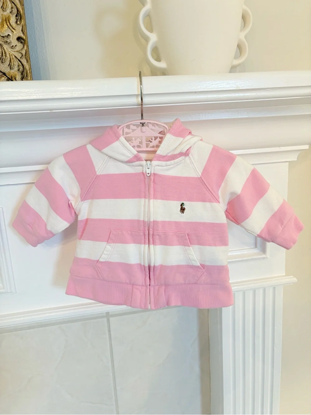 Ralph Lauren Pink and White Striped Hooded Zip Sweatshirt